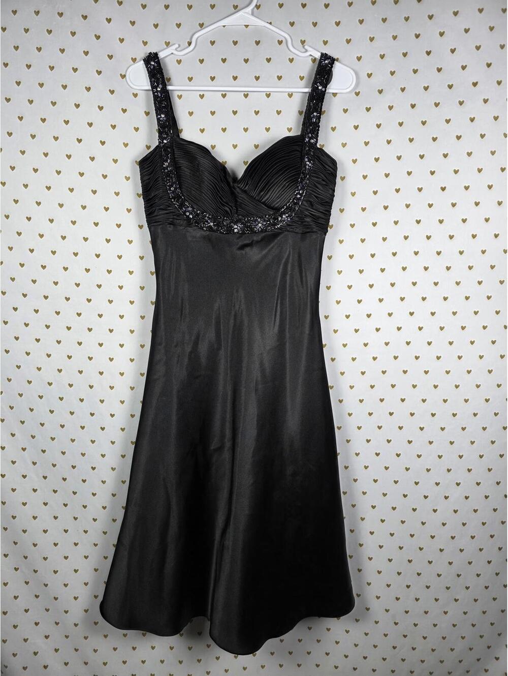 Cartise Black Beaded Satin Embellished Evening Gown Dress Flowy Formal Gown Sz 6